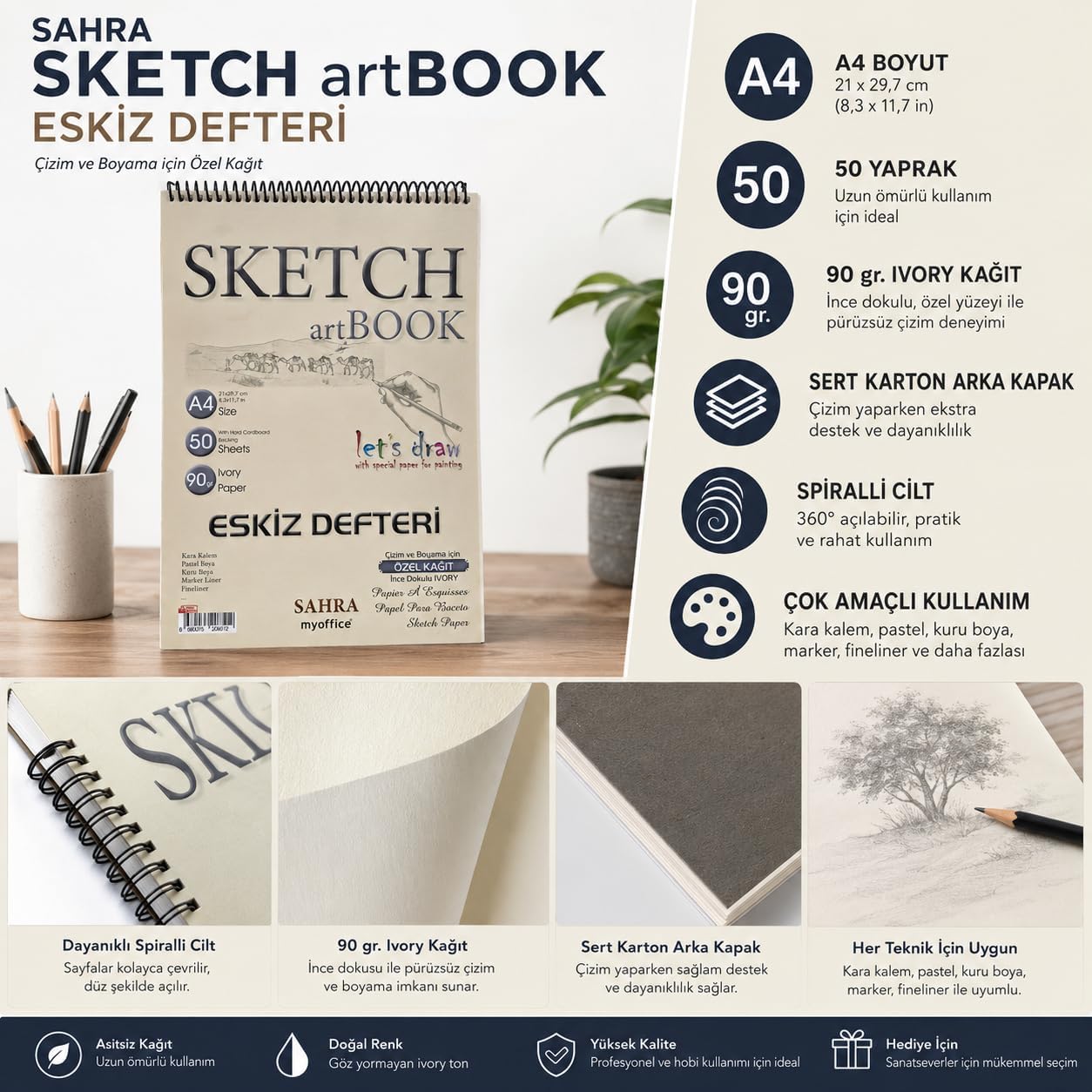 Sahra Sketch artBook Eskiz Defteri A4, 50 Yaprak, 90 gr Ivory