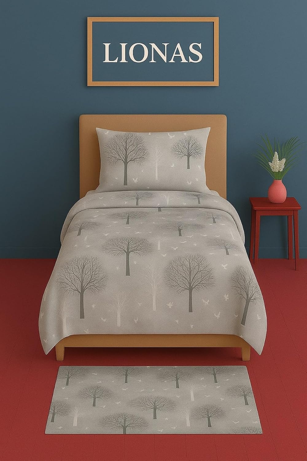 Tek Kişilik Desenli Nevresim Takımı, 155 x 230 cm, Gri, Kapaklı Yastık Kılıfı Dahil