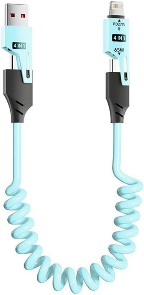 65W PD İphone İle Uyumlu USB Type-C 4'ü 1 Arada Hızlı Şarj Data Kablosu 1.5m Spiral Çevirici Akıllı Hibrit Bağlantı