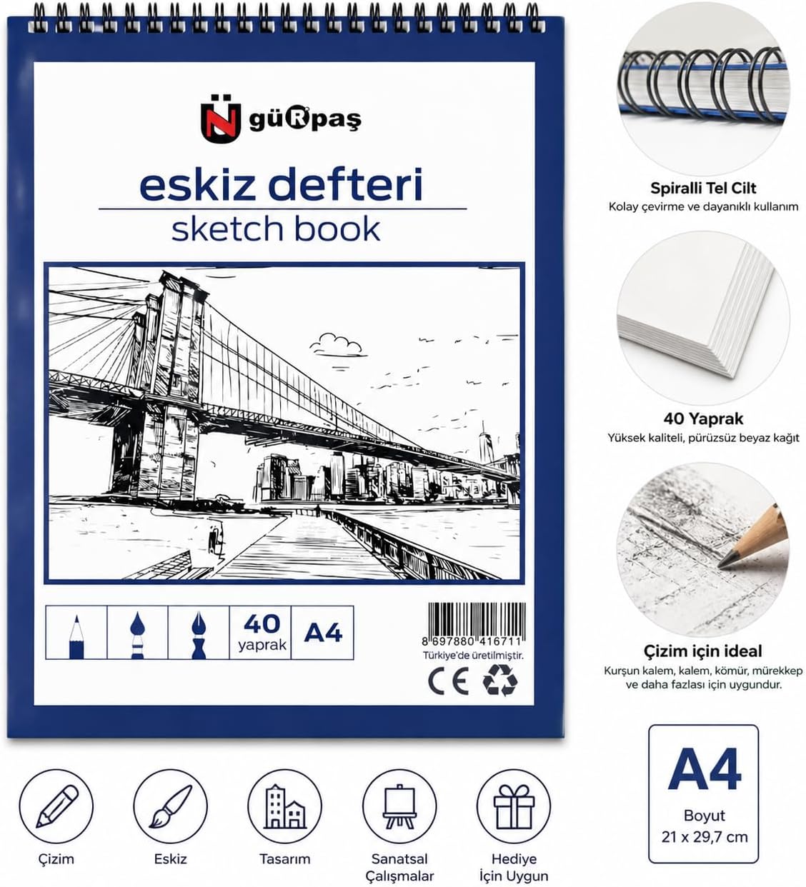 Gürpaş A4 Spiralli Eskiz Defteri, 40 Yaprak, Kurşun Kalem ve Karakalem için, Öğrenci, Tasarımcı ve Profesyonel Kullanım