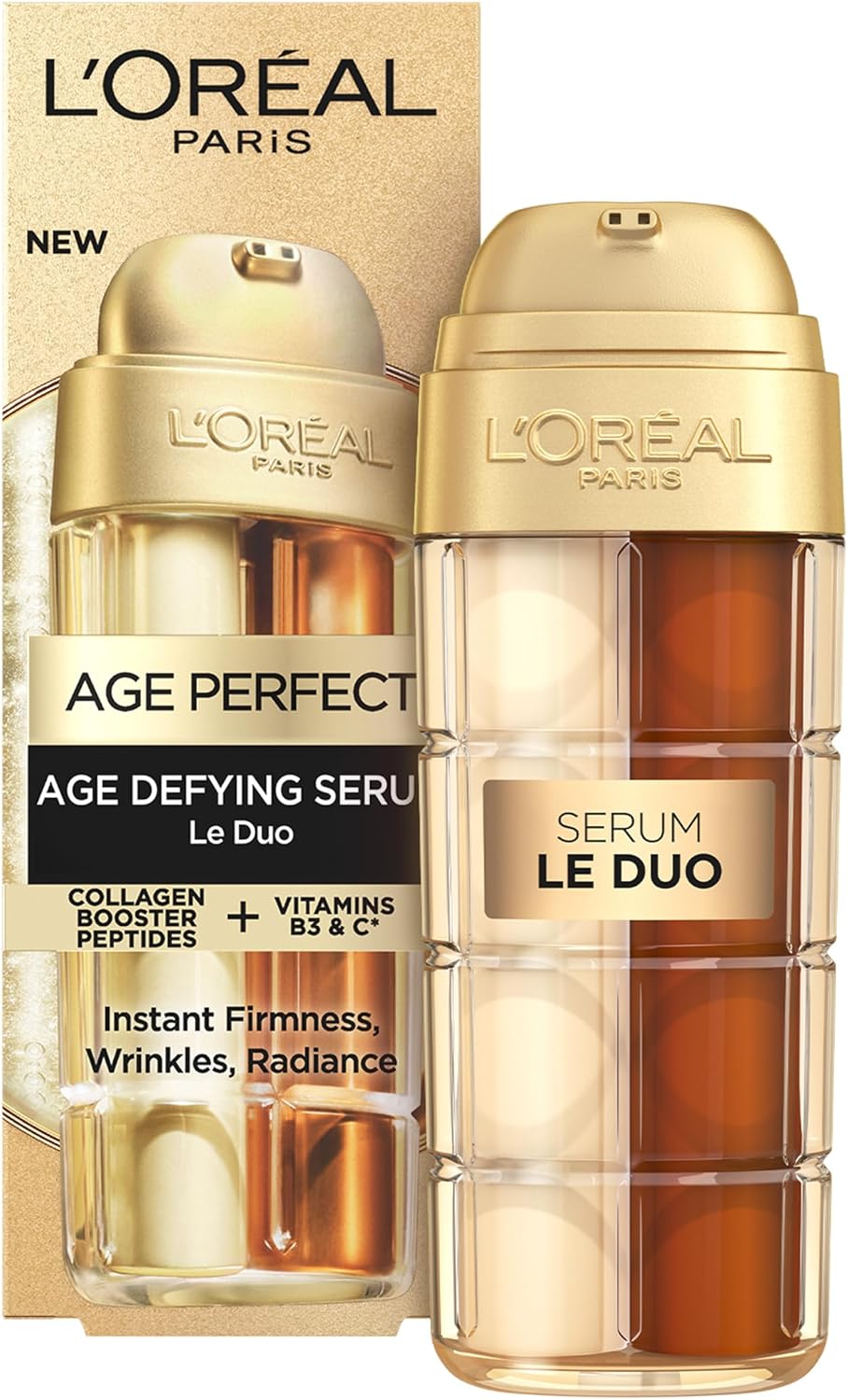 L'Oréal Paris Yaşlanma karşıtı serum, tüm cilt tipleri için, çift etki, sıkılaştırıcı ve açıcı, yumuşak ve beslenmiş cilt, kırışıklık yok, kolajen ve B3 ve C vitaminleri ile, Age Perfect, 30 m