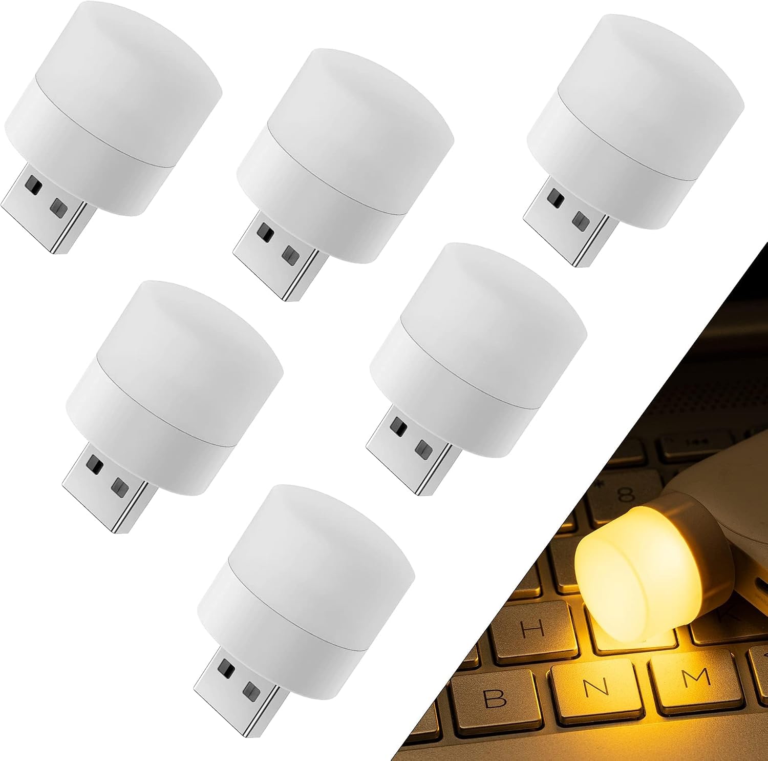 Xspring Mini Usb Led Işık Lambası, 6 Adet Usb Fişli Led Gece Lambası, Yatak Odası, Koridor, Kamp, Okuma, Uyku için Rgb Taşınabilir Ortam Lambası (Sıcak Işık)