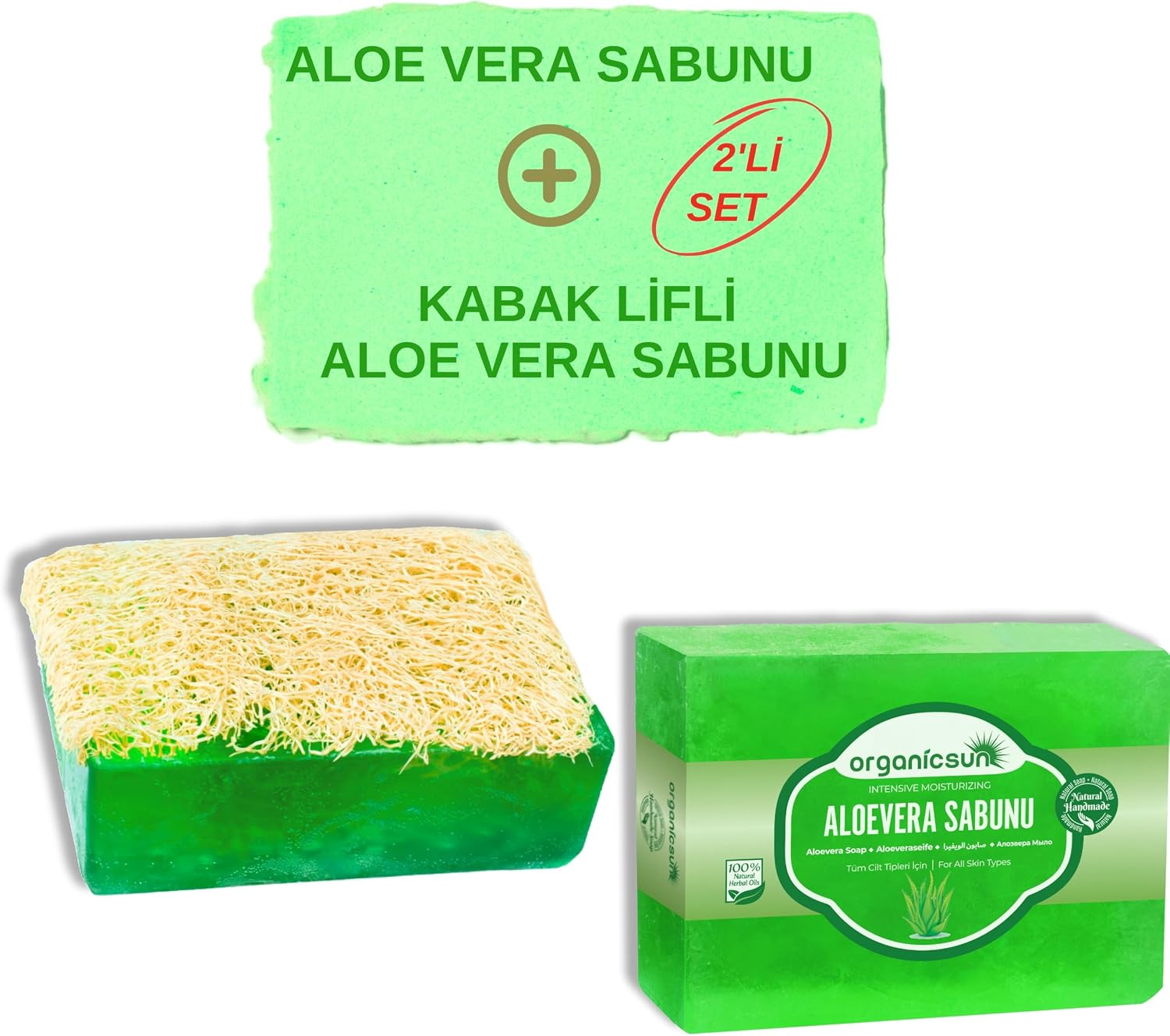 2'li Set Doğal Kabak Lifli Aloe Vera Sabunu ve Lifsiz Aloe Vera Sabunu