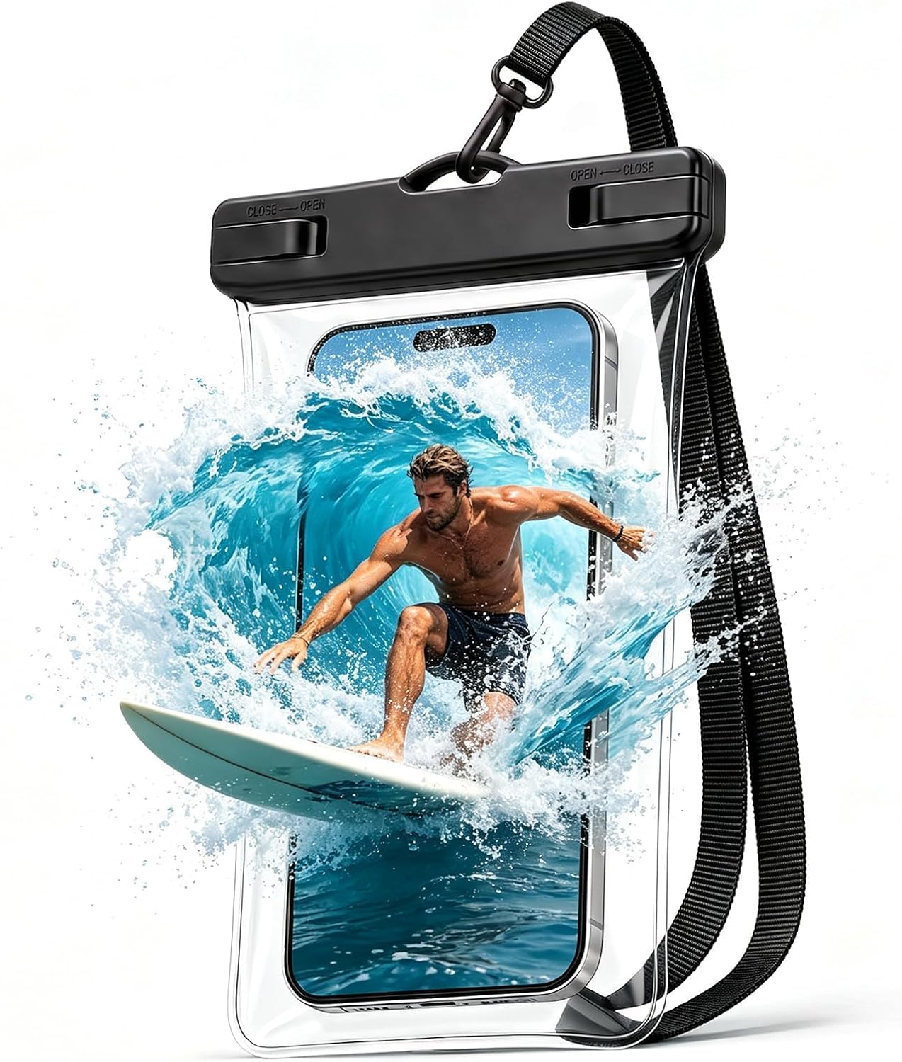 Su geçirmez cep telefonu kılıfı, iPhone 16/15 Pro Max ve Galaxy S24+/S23 7 inç su geçirmez cep telefonu kılıfı, kordonlu, IPX8 plaj seyahati, plaj ihtiyaçları, siyah, 1 paket
