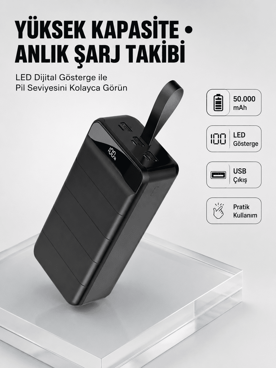 Tüm Cihazlarla Uyumlu 50.000 mAh Powerbank – Yüksek Kapasiteli, LED Gösterge ve Akıllı Koruma Fonksiyonlu