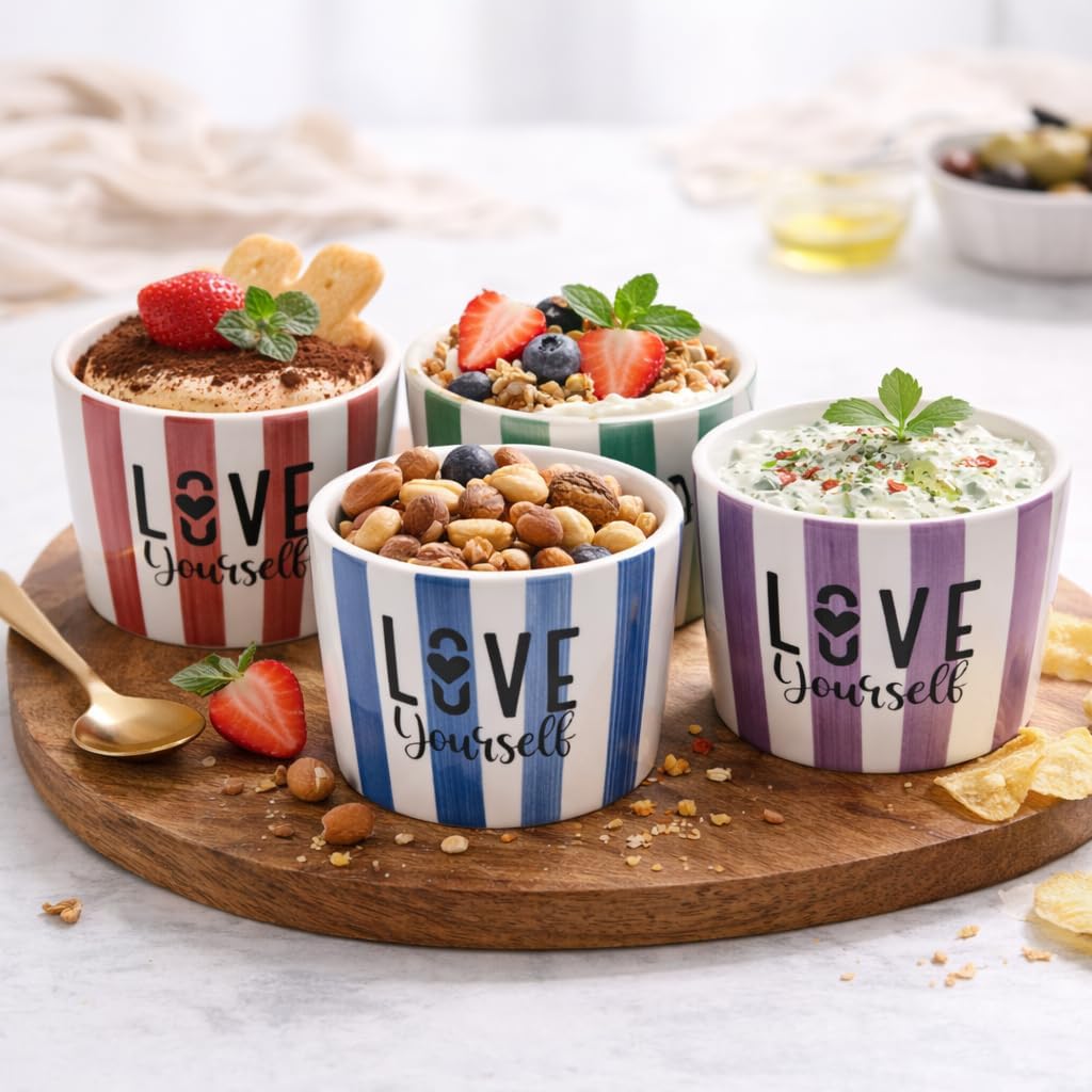 Love Yourself 4'lü Seramik Kase 8 cm - Tatlı, Granola ve Dondurma Sunum Kasesi