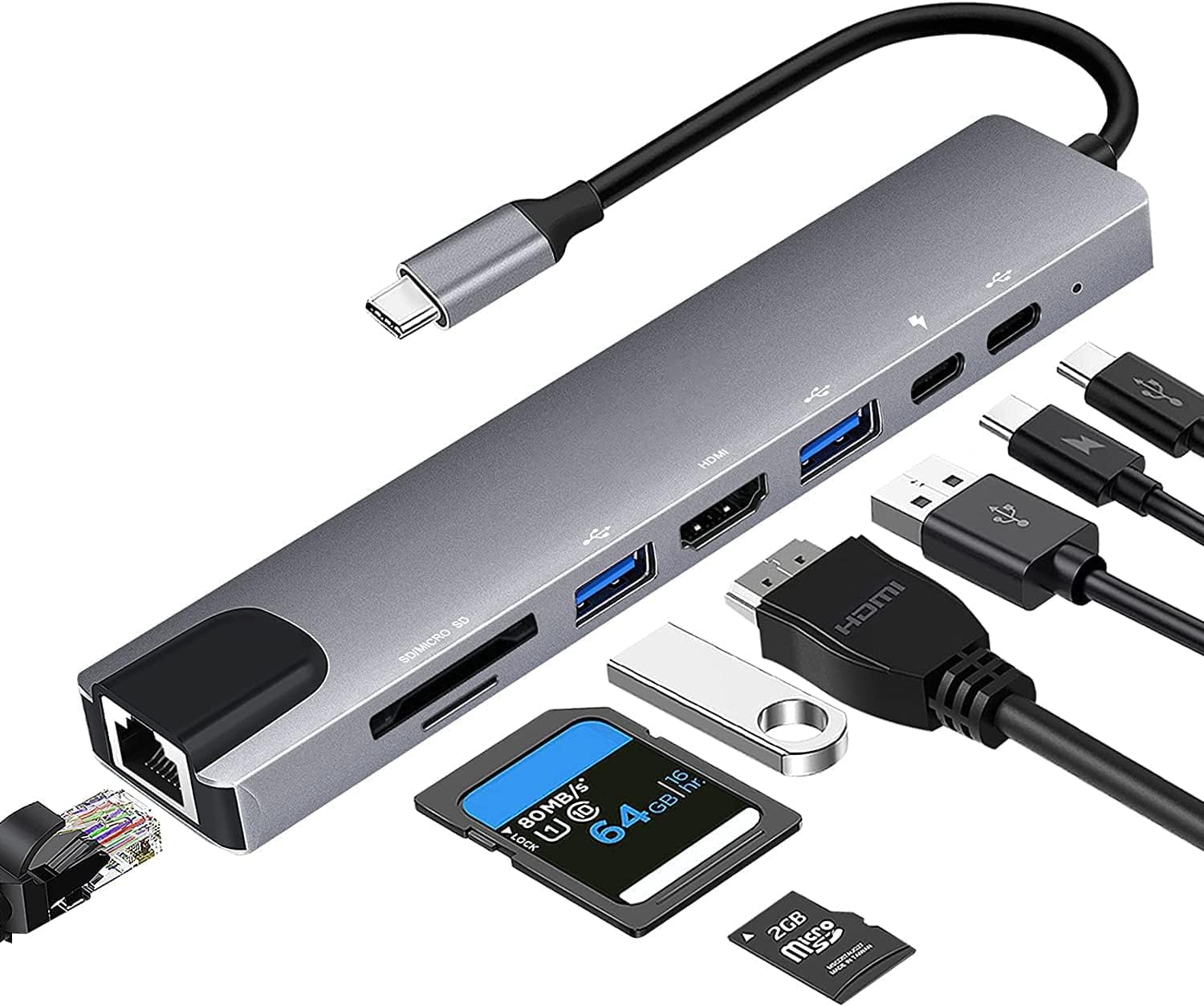 USB C HUB, 8'i 1 arada USB C adaptörü, 4K HDMI, Type C 100W PD, USB C bağlantı noktası, USB 3.0, RJ45 Ethernet, SD/TF kartları, yerleştirme istasyonu, MacBook Air/Pro, iPhone 15, Windows, Switch ile