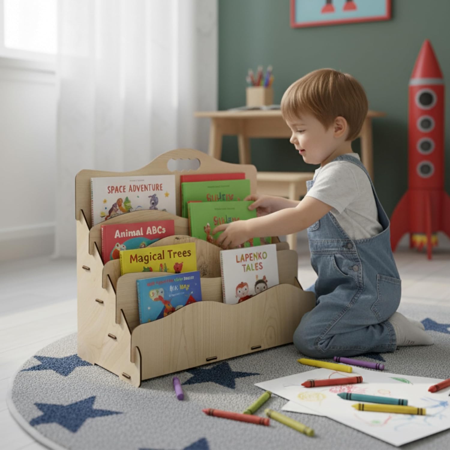 Carry Montessori 4 Raflı DALGALI Ahşap Mini Kitaplık -Çocuk Odası Kitaplık - Çocuk Kitaplığı - Bebek & Çocuk Odası için Mini Kitaplık- Çocukların kolay erişebileceği kitaplık - (AKÇAAĞAÇ)