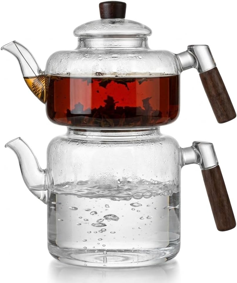 Akasya Cam Çaydanlık Takımı 1800 ml + 950 ml - Ahşap Kulplu Isıya Dayanıklı Borosilikat Şeffaf Çaydanlık