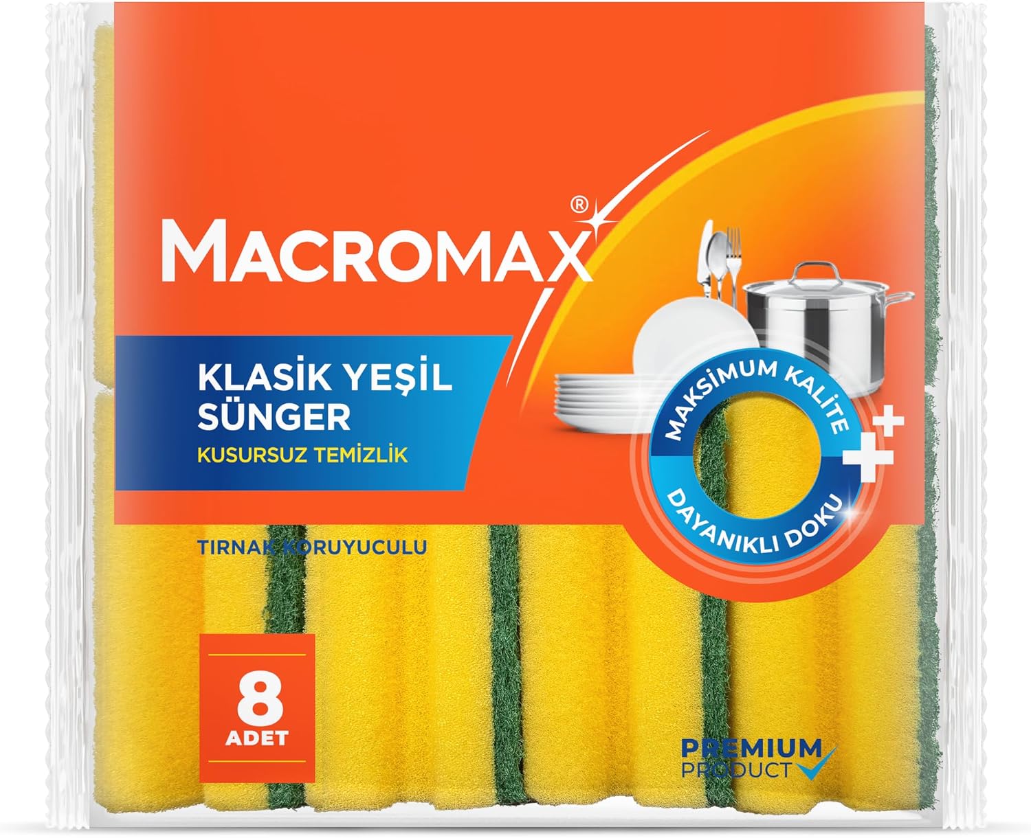Tırnak Koruyuculu Bulaşık Süngeri 8’li Paket – Ergonomik Yeşil Klasik Sünger