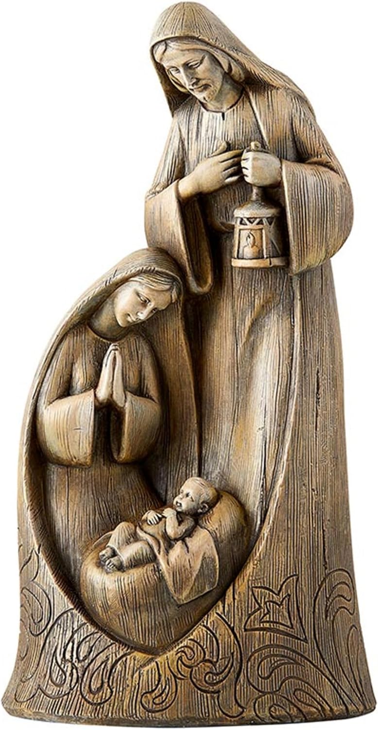 Galeri Noel Figürleri - Oyma Ahşap Görünümlü Joseph Mary ve Jesus Masa Üstü Doğum Heykelcik, 25,8 cm, Kutsal Aile