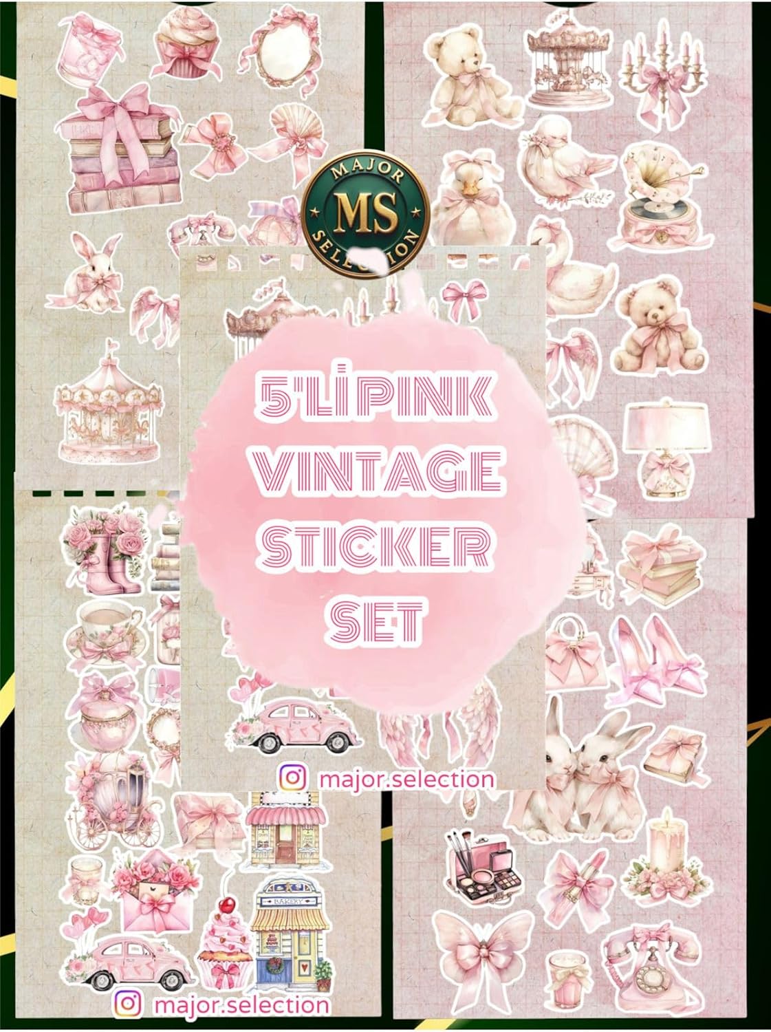 5'Li Pink Vintage Sticker Planner Ajanda Bullet Journal Için Uygun Set