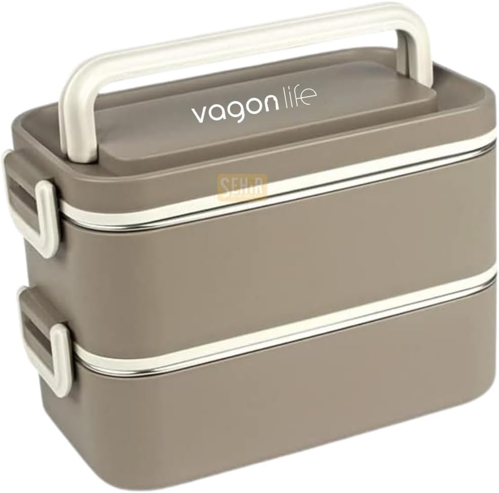 Vagonlife Bento 2000ml Lunchbox 2 Katlı 3 Bölmeli Mini Kaseli Çelik Sefer Tası Yemek Kutusu (Kahverengi)
