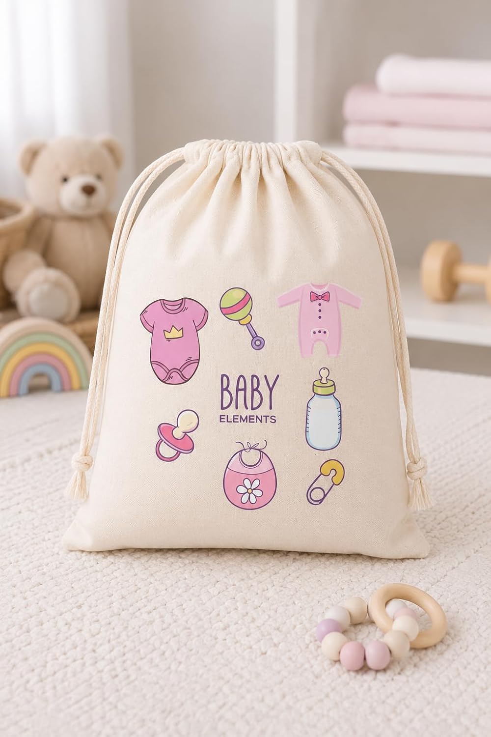 Baby Elements Baskılı Ham Bez Büzgülü Bebek Torbası 30x40 cm 2'li Set - Çok Amaçlı Bebek Eşyası Saklama ve Organizer Çantası (PEMBE)