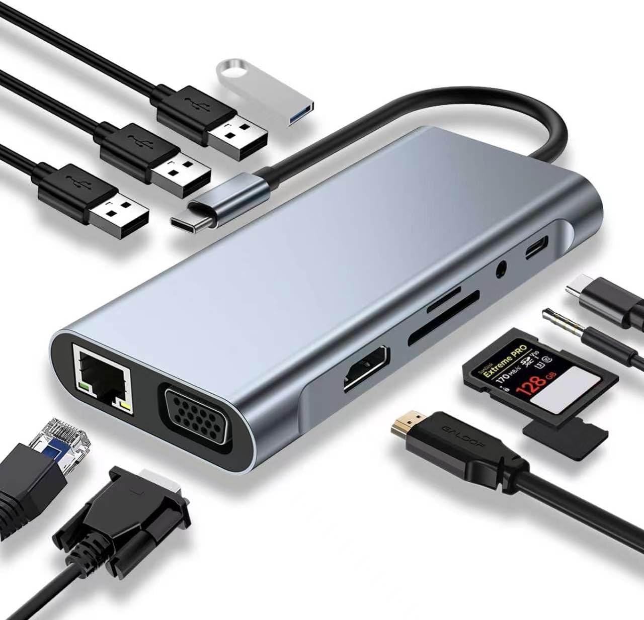 USB C HUB, Yerleştirme İstasyonu, 11'i 1 arada USB C Adaptörü, 4K HDMI, VGA, USB 3.0 Bağlantı Noktaları, C Tipi PD, Gigablit Ethernet RJ45, SD/TF Kartları, 3,5 mm AUX, MacBook Pro/Air ile Uyumlu, Daha