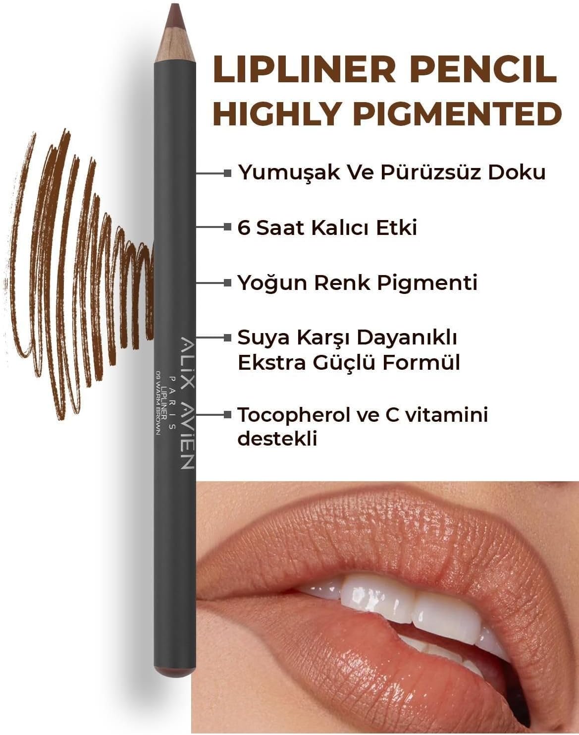 Uzun Süre Kalıcı Dağılma Yapmayan Nemlendirici Dudak Kalemi - Lipliner Pencil 09 Warm Brown