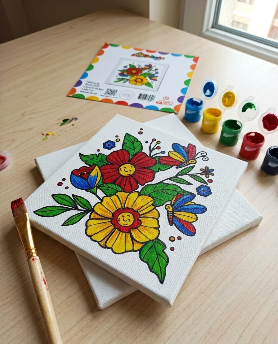 Figürlü Tuval Boyama Seti 20x20 cm – 1 Adet Fırça, 6 Renk Akrilik Boya ve Referans Görselli Hobi & Kendin Yap Boyama Kiti (2, Çiçek Kelebek)