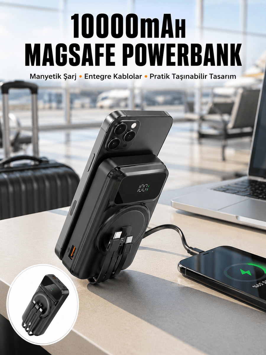 15W Kablosuz Hızlı Şarjlı 10000 mAh Powerbank – Taşınabilir, LED Göstergeli