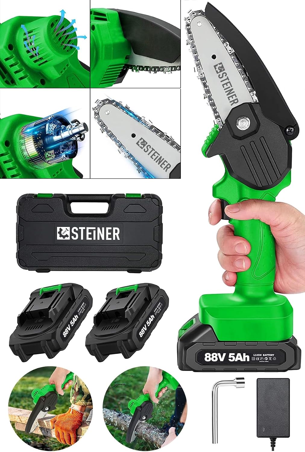 Alman Pro 88 V 5 Ah (Çift Akülü) Dal Budama Kesme Testere Bıçkı Makinesi Çantalı 10 Cm Pala