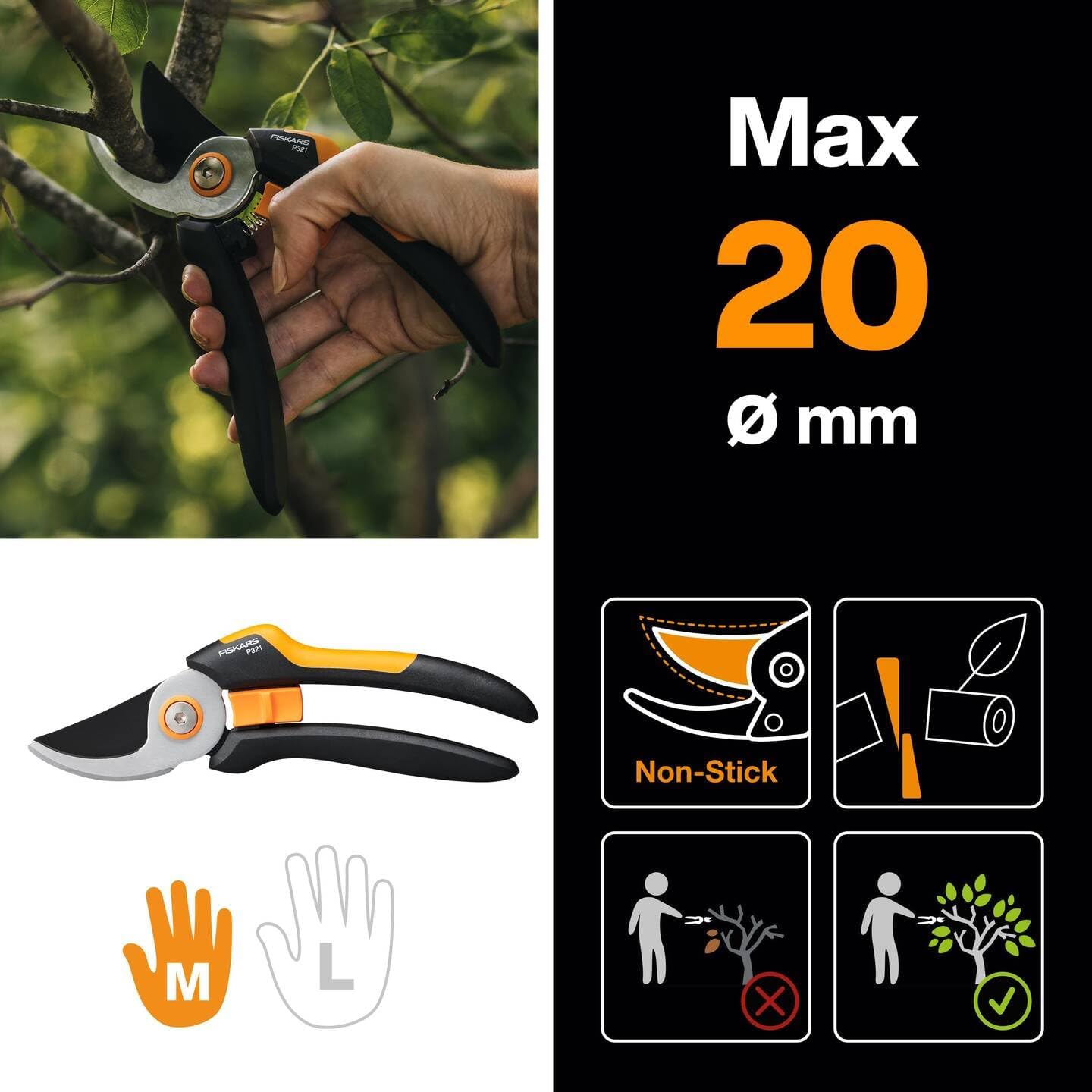 Bypass M Bahçe Makası, Masif, P321, Taze dallar ve çalılar için, Yapışmaz kaplama, Paslanmaz çelik bıçaklar, Uzunluk: 20,1 cm, Siyah/Turuncu, 1057162