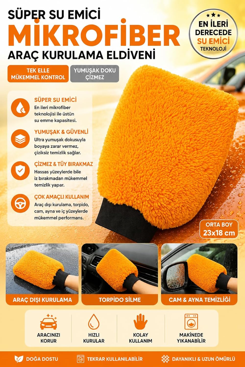 Mikrofiber Oto Araba Yıkama Kurulama Havlusu, Orta Boy Çift Katlı Araç Kurutma ve Torpido Silme Bezi (Turuncu)