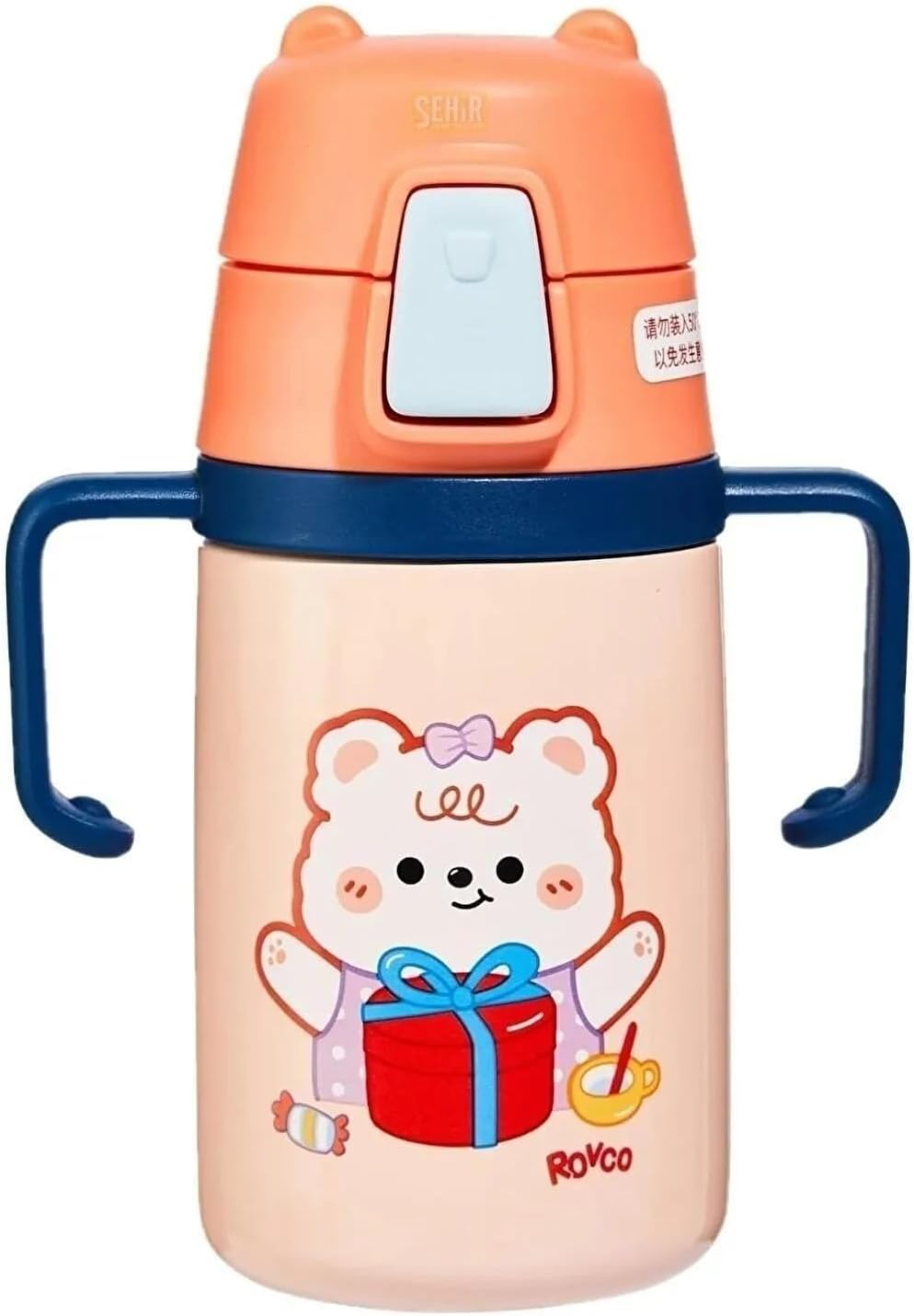 Rovco 400ml Silikon Pipetli Sevimli Ayıcıklı Boyun Askılı Bebek Kulplu Paslanmaz Çelik Termos (Turuncu)