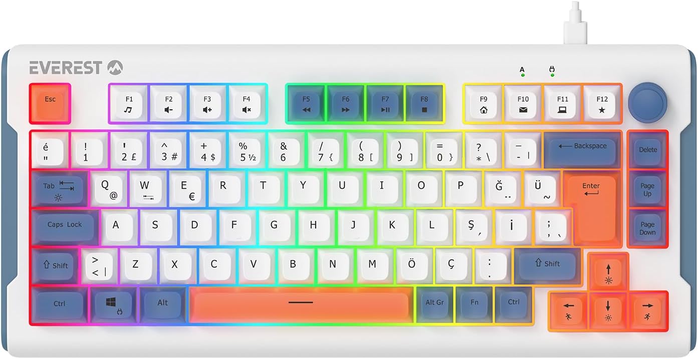 Everest KB-75 Smooth Beyaz/Mavi/Turuncu RGB aAydınlatmalı Q Membrane Oyuncu Klavyesi (Beyaz/Mavi/Turuncu)