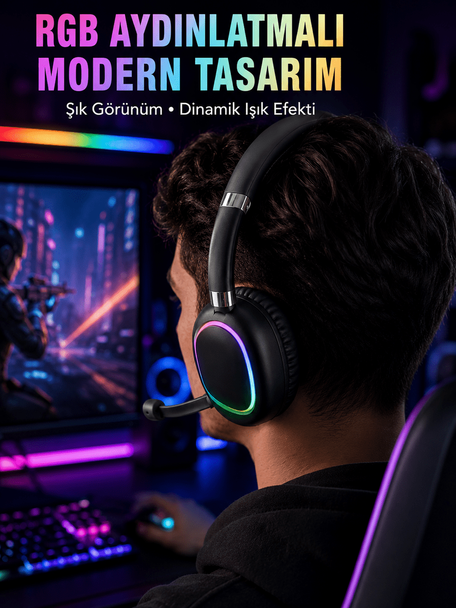 RGB Işıklı Bluetooth Mikrofonlu Kulaklık Uzun Süreli Kullanım Type-C Şarjlı