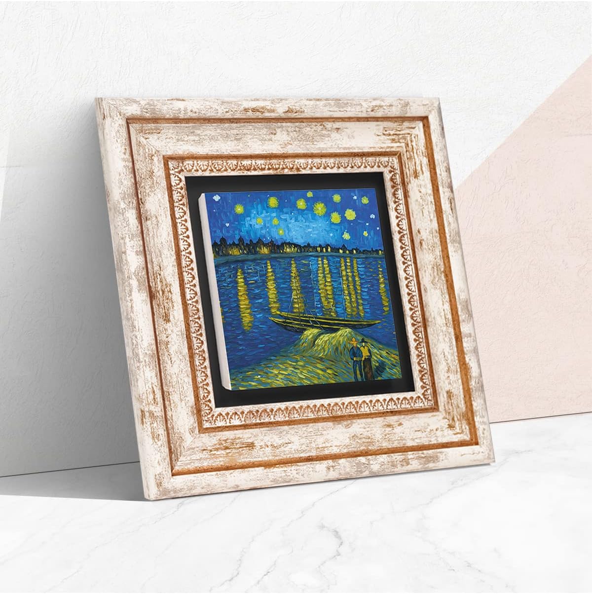 Van Gogh Ren Nehri’nde Yıldızlı Bir Gece Taş Duvar Tablosu - Çerçeveli Taş Tablo - Dekoratif Duvar Sanatı - Modern Ev ve Ofis Duvar Dekoru K1-293
