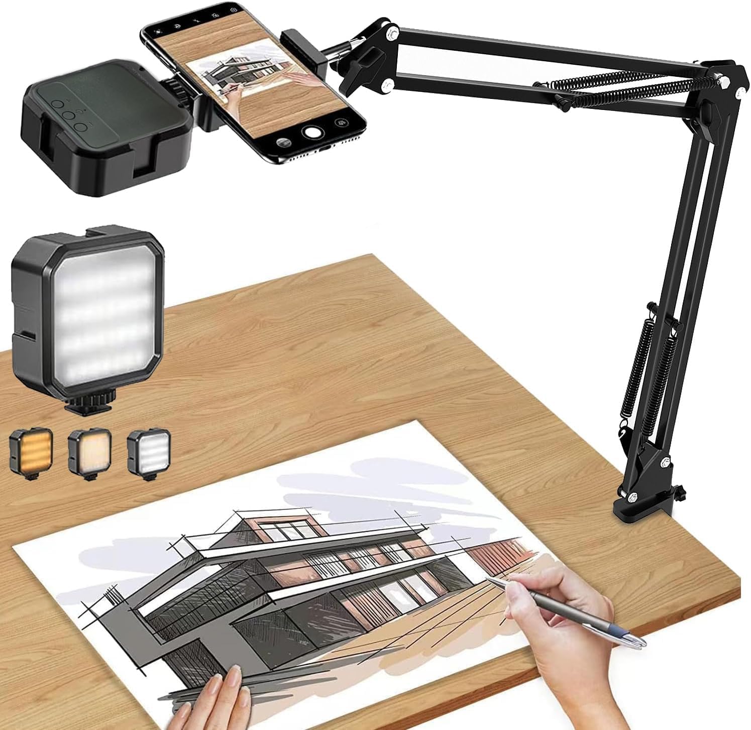 Üstten Çekim Masa Telefon Tutucu | Katlanabilir ve 360° Döner Ayarlanabilir Stand, Video Çekimi ve Canlı Yayın için Sabit Kelepçeli Tripod Braketi, + AY-49 Led Işık | CZ45