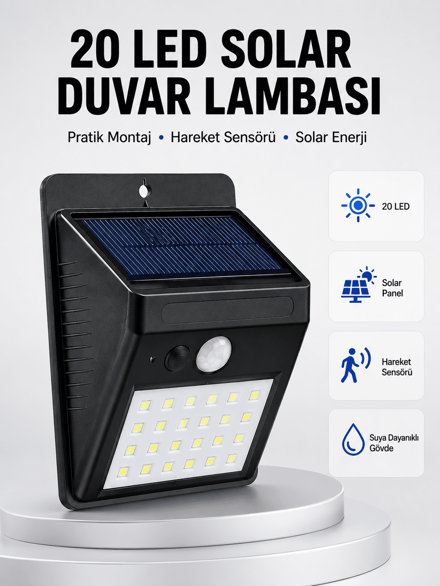 Su Geçirmez IP65 20 LED Solar Sensörlü Bahçe ve Veranda Aydınlatma Yeni Nesil