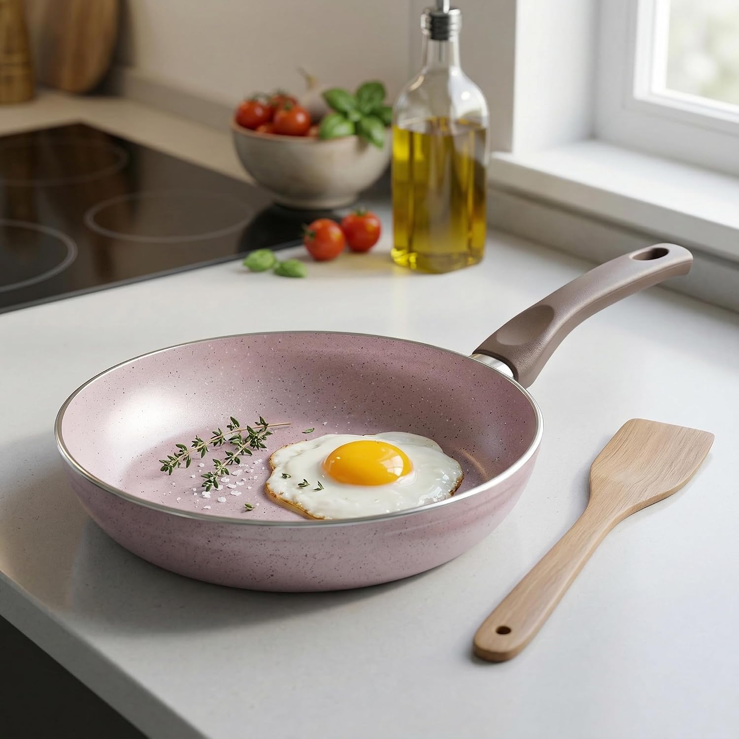 Papilla Buz 24 cm Tava - Shadow Krem Kırçıl Granit Efektli Yanmaz Yapışmaz Günlük Kızartma ve Omlet Tavası