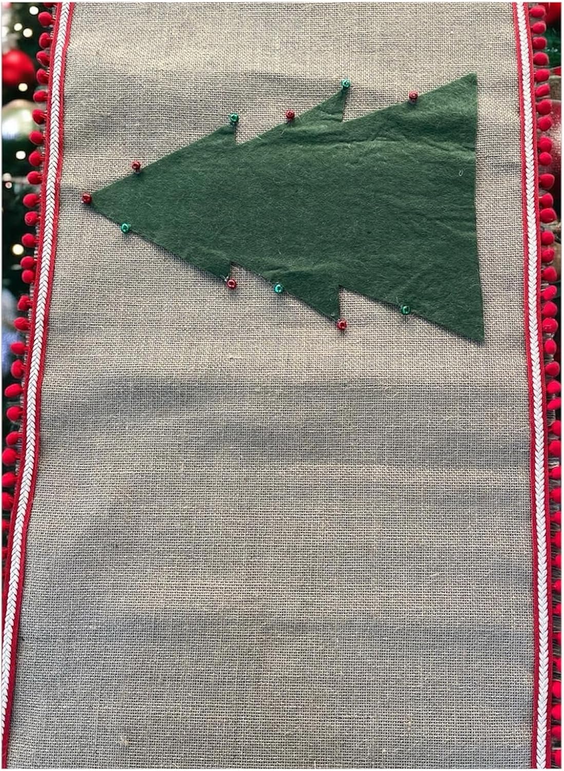 Noel Temalı Gri Keten Masa Örtüsü, Ekose Çam Ağacı Desenli, Ponponlu Kenar Süslemeli, Dekoratif Yemek Masası Örtüsü (yeşil, 150 cm)