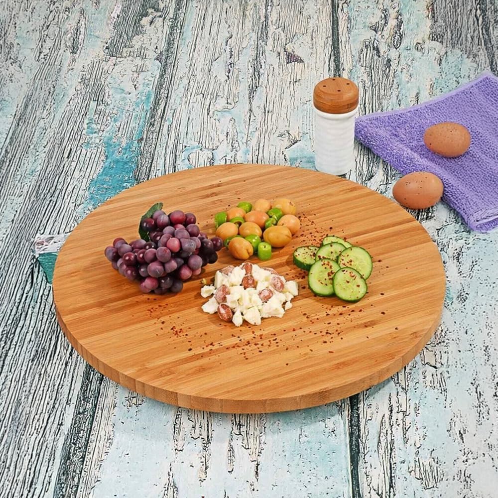 35cm Döner Mekanizmalı Kalın Bambu Yuvarlak Pizza ve Sunum Tepsisi, 360 Derece Dönebilen Kahvaltı Sunum, Pizza Sunum ve Börek Sunum Tepsisi (35cm*35cm*2cm)