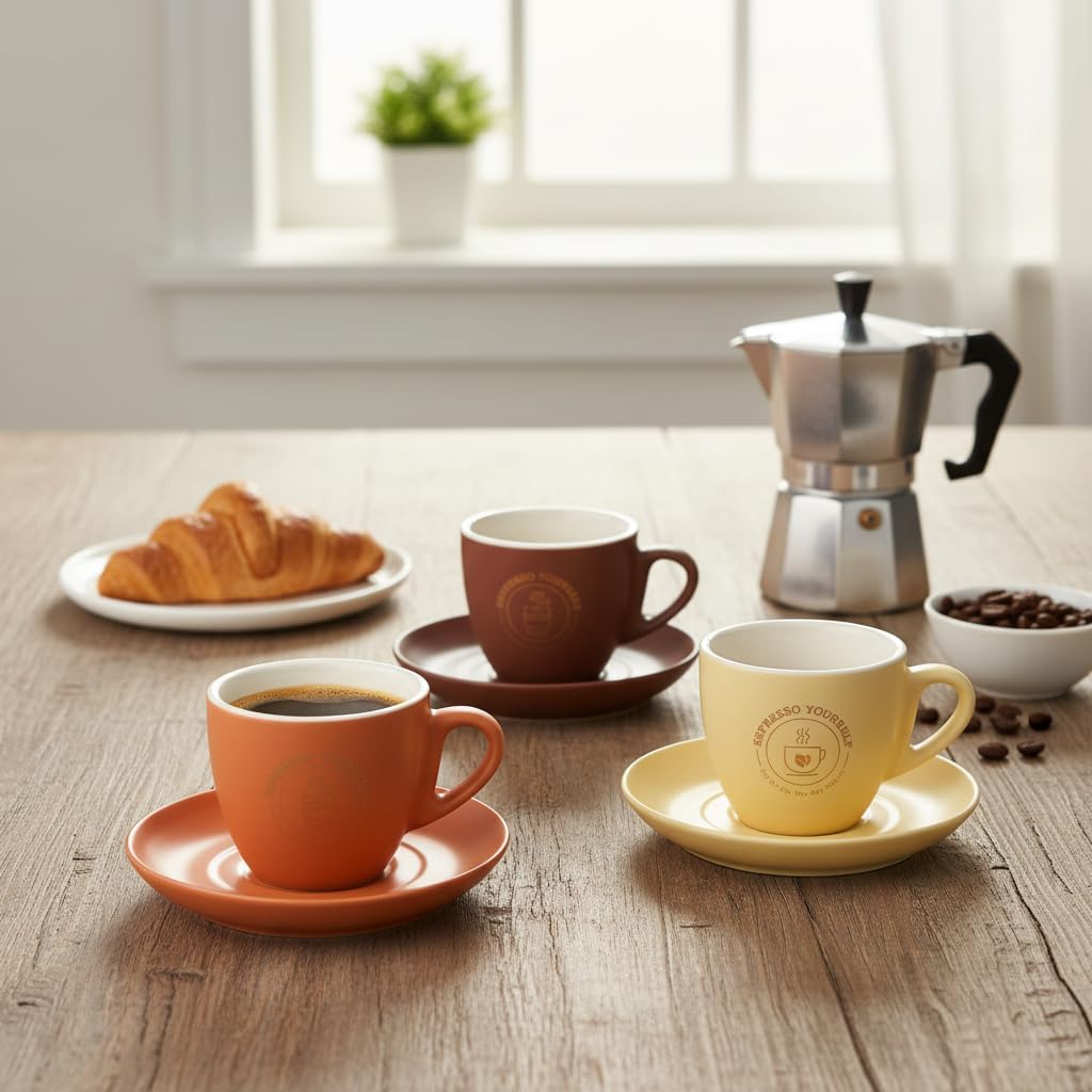 Porselen Fincan ve Tabak Seti 200 ml - Özel Kutulu Asorti Renkli (Pastel Tonlar) Altın Yaldız Detaylı Hediyelik Fincan (1 Kişilik)