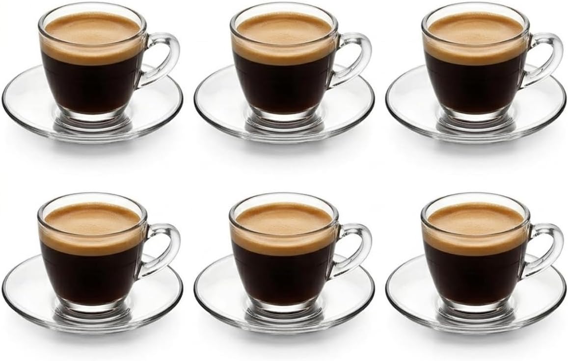 6’lı Cam Kahve Fincanı Seti, Şeffaf Tasarım Tabaklı Espresso Türk Kahvesi Sunum Fincan Takımı, Kahve Seti, Lüks Fincan Takımı, Kahve Takımı (Model-4)