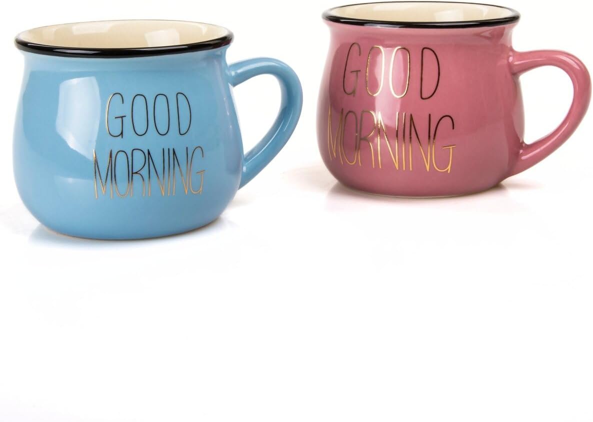 Mukko Home 2'Li Emaye Görünümlü Porselen Kupa Seti Good Morning Gold Yazılı 150 Ml,Pembe & Mavi