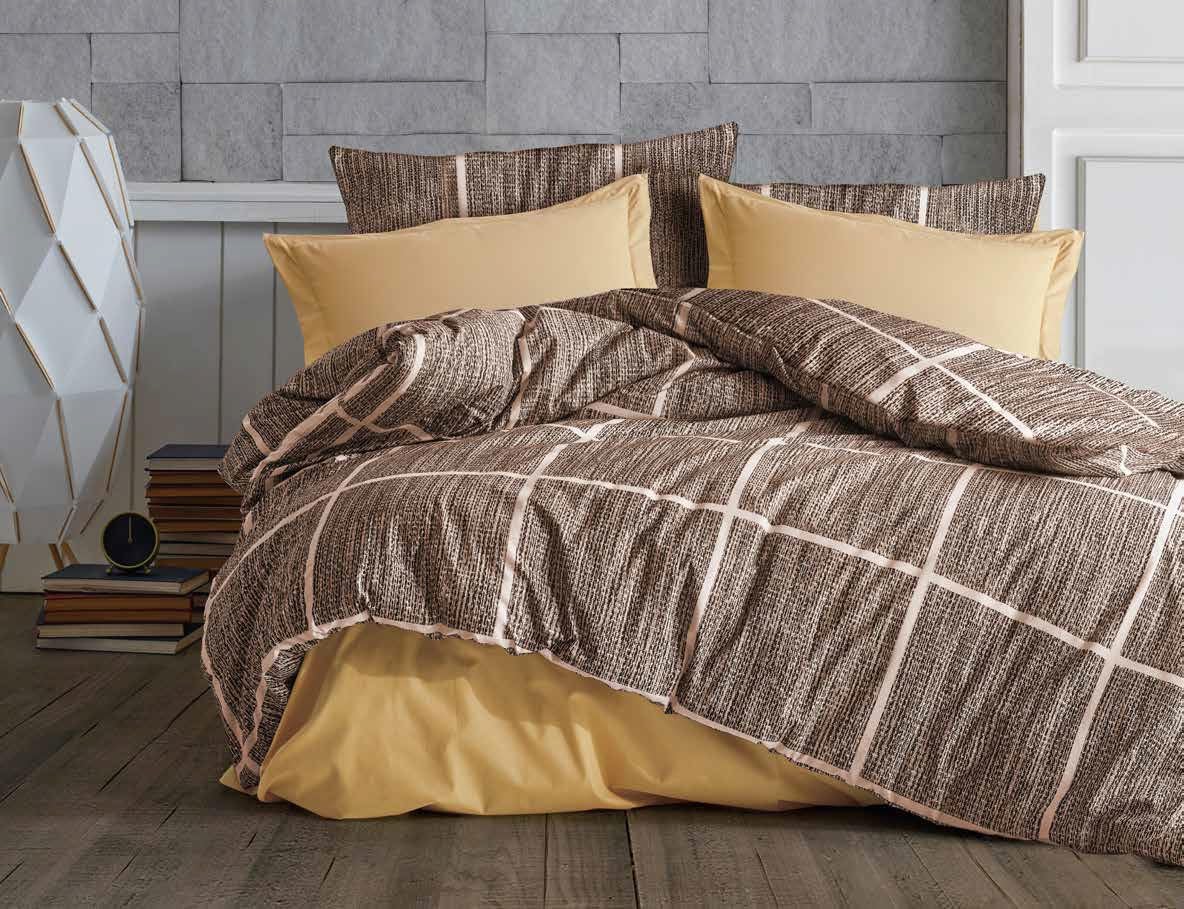 Lüks%80 Pamuklu Çift Kişilik Nevresim Takımı Seti Yorgan Kılıfı LOVE KALP Desen 200x220 cm + Lastikli Battal Boy Çarşaf 180x200x30 cm +2 Yastık Kılıflı 50x70 cm (Kahverengi, Kareli)