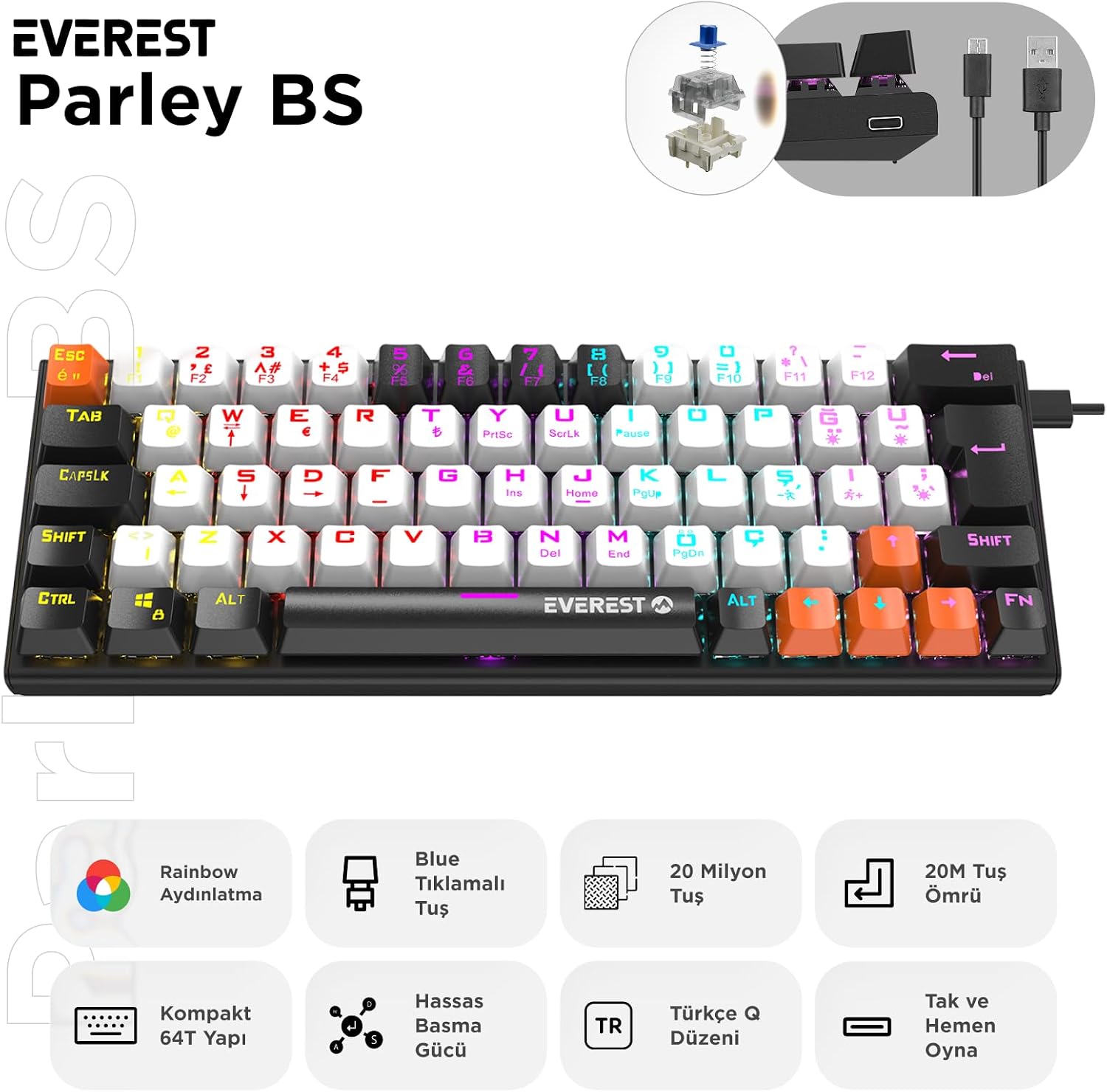 PARLEY Rainbow Aydınlatmalı Türkçe Q Blue Switch Mekanik Gaming Oyuncu Klavyesi (Beyaz/Siyah)