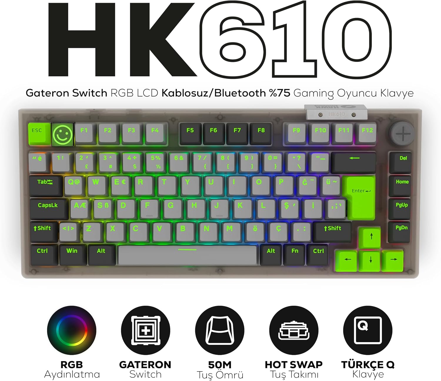 HK610 Gateron Switch RGB LCD Tri-Mode Kablosuz/Bluetooth %75 Gaming Klavye