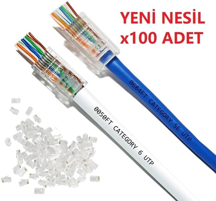 PrimeX PX-560C6 RJ45 Cat6 Konnektör, 100’lü Paket Yeni Nesil RJ45 Jack UTP, Cat6 Ethernet Network LAN Kablo Ucu, Şeffaf Beyaz Polimer RJ45 Erkek Plug, Modem Router Switch Patch Panel Kablo Sonlandırma