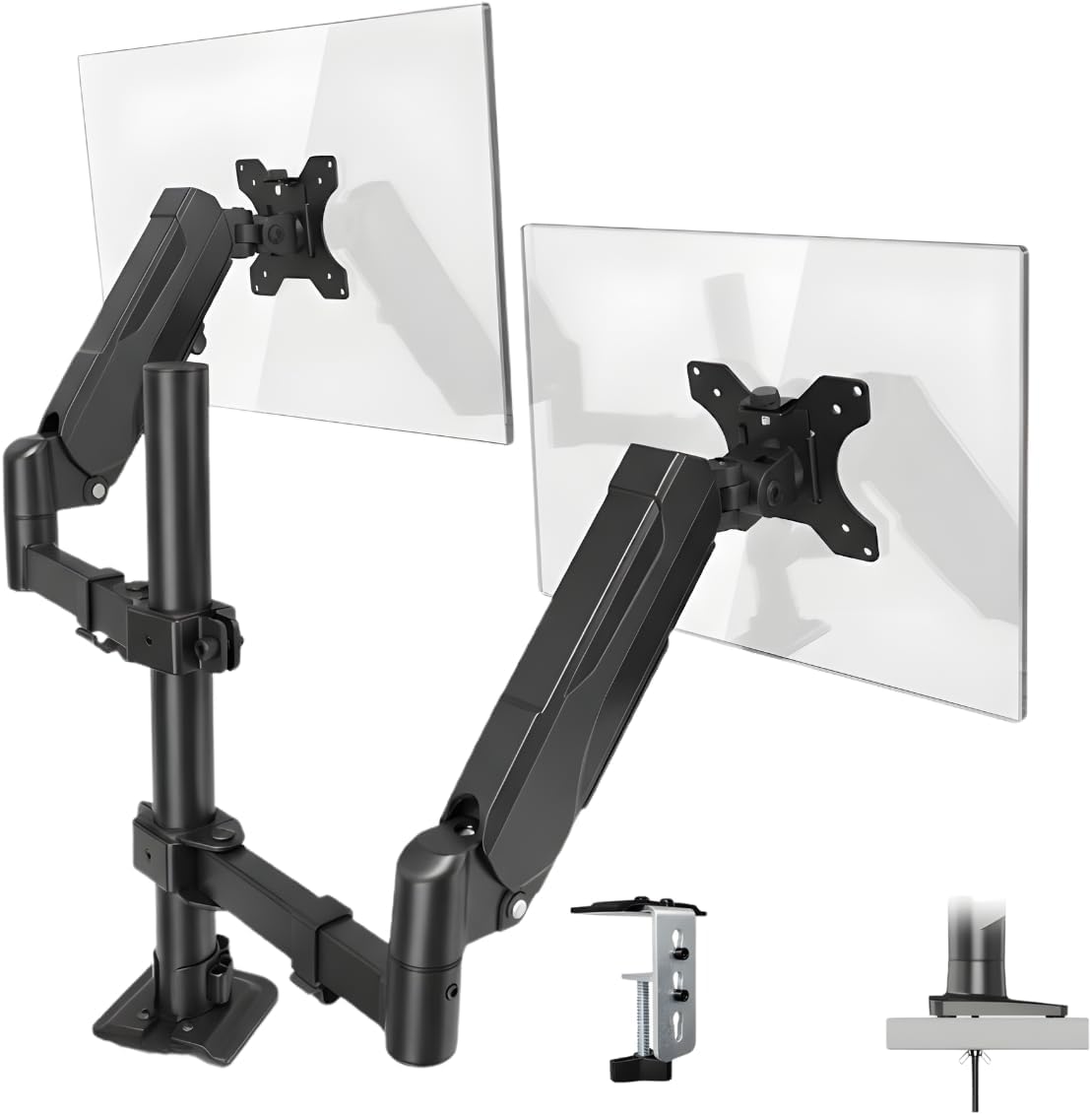 17–32 İnç Amortisörlü Çiftli Pivot Monitör Kolu, Gazlı Yaylı, 2–9 Kg, Çift Montaj Seçeneği Sıkıştırma ve Vidalama, 360° Döner, VESA Uyumlu Stant, M01, Siyah