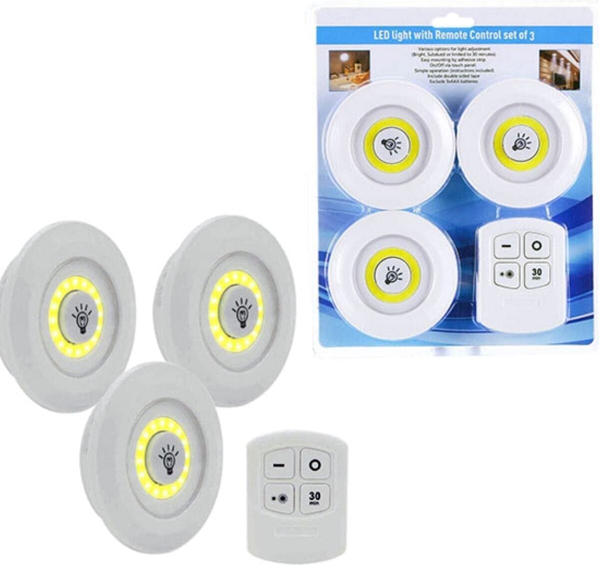 3lü Uzaktan Kumandalı Yapışkanlı Kablosuz Led Spot Lambalar