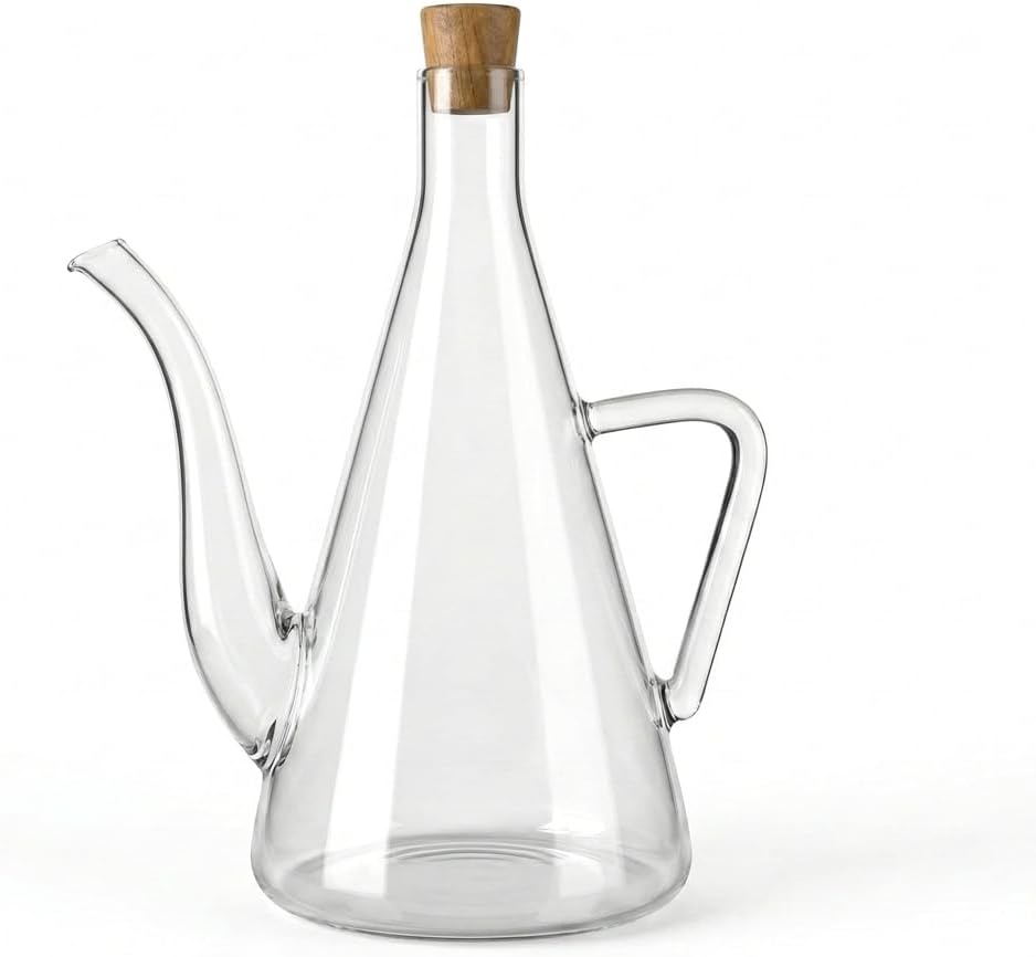 500 ml Akasya Ahşap Kapaklı Borosilikat Cam Yağlık ve Sirkelik - Düz ve Çizgili Desen Seçenekleriyle Şık Konik Tasarımlı Cam Kulplu Damlatmaz Mutfak Gereci (DÜZ)