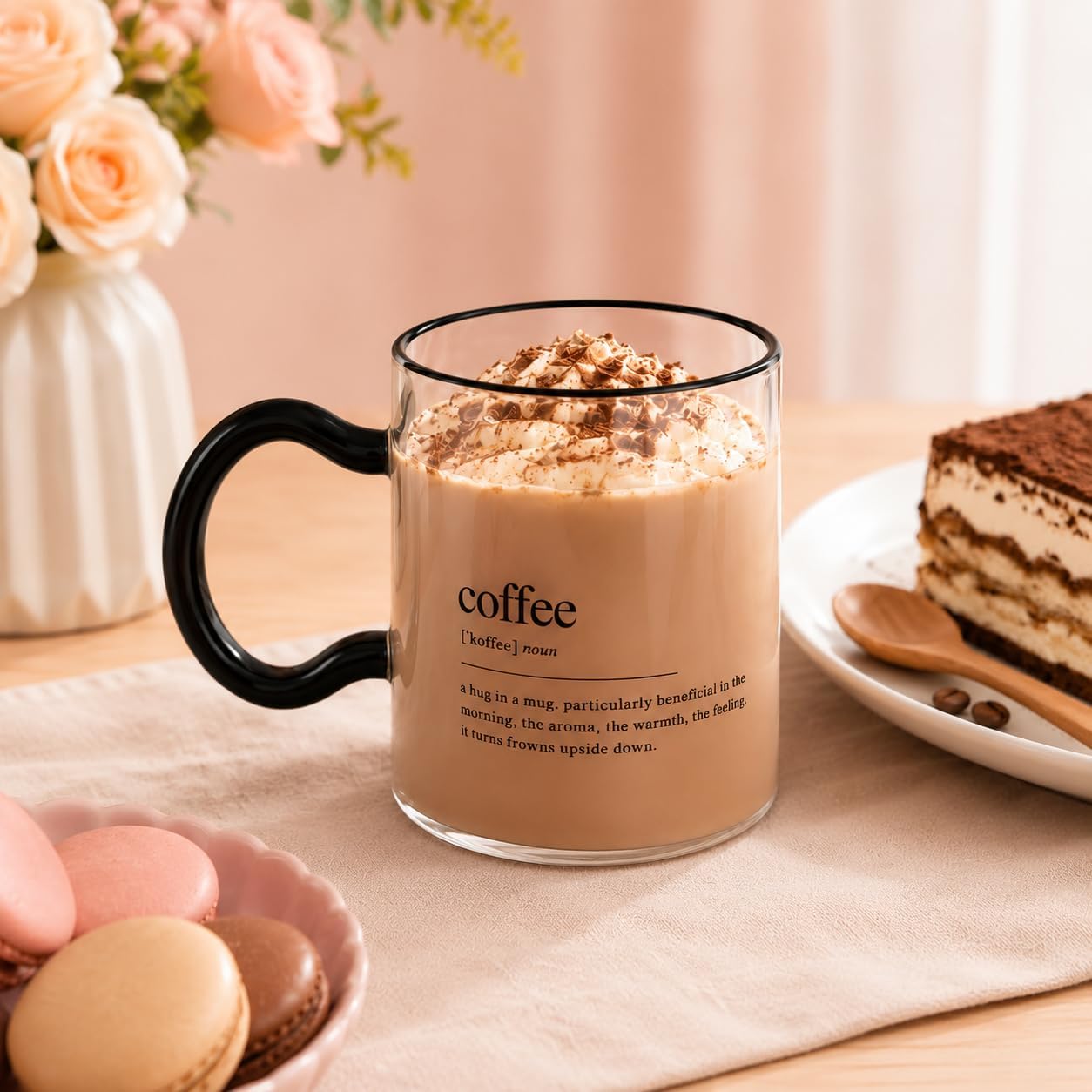 Coffee Yazılı Cam Kupa, Siyah Kulplu Şeffaf Kahve Bardağı, Çay Latte ve Sıcak Soğuk İçecekler İçin Modern Cam Bardak