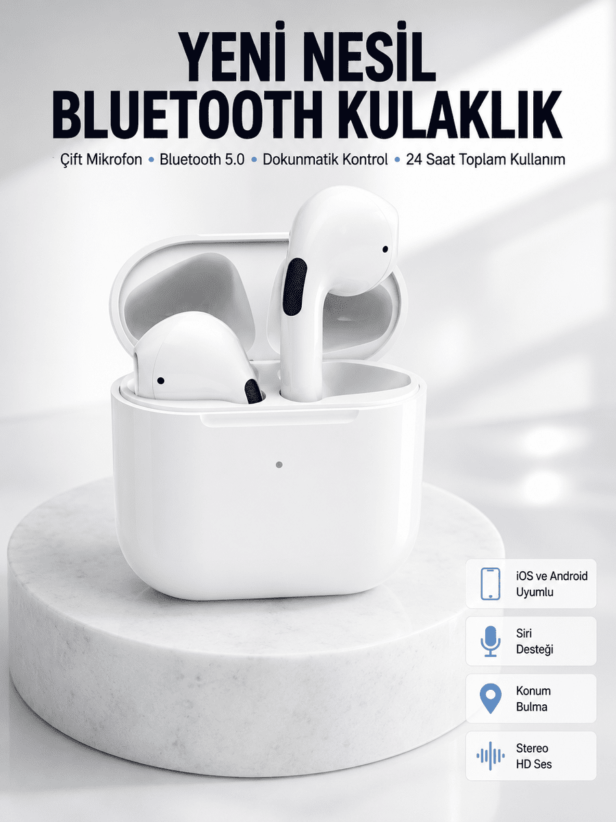 Yeni Nesil Bluetooth Kulaklık Beyaz Çağrı Cevaplayabilen Kablosuz