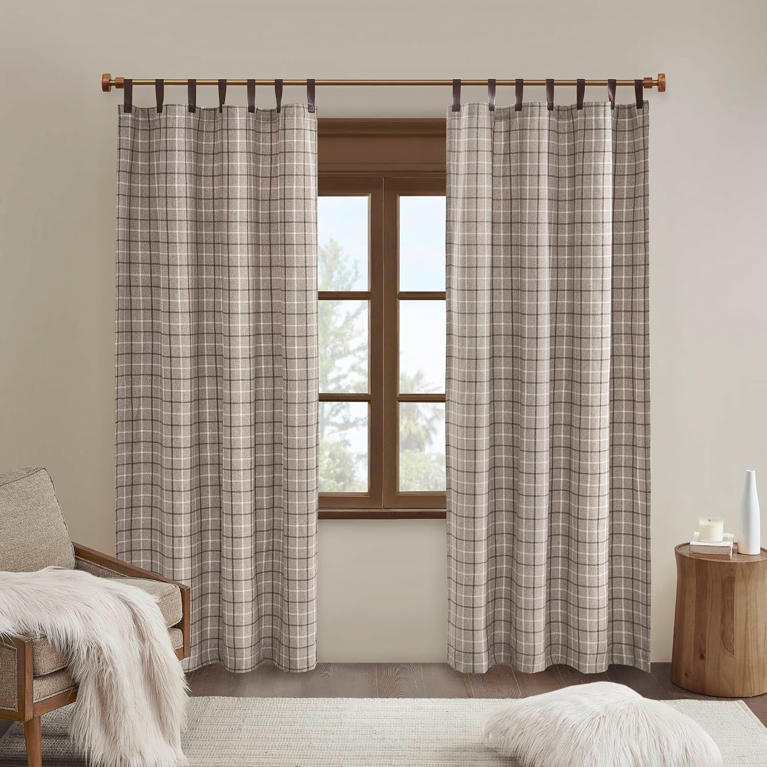 Anaheim Kabin Ekose Perde Penceresi, Isı Yalıtımlı Polar Astar, Oturma Odası Dekoru Yatak Odası için Işık Engelleyici Örtüsü, 1-Tekli Panel Paketi, 50" x 84", Suni Deri Tab, Kahverengi