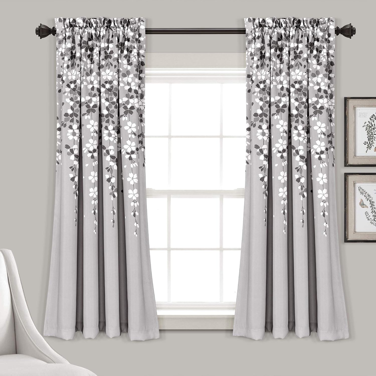 Ağlayan Çiçek Odası Karartma Pencere Perde Paneli Çifti, Gri, 63 "U x 52" G + 2" Başlık