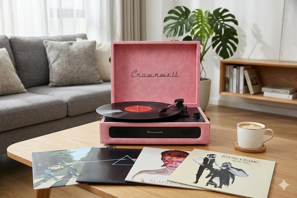 Casablanca Serisi Retro Çanta Pikap – Pembe Süet Kaplama, Dahili Hoparlörlü, 3 Hızlı (33/45/78 RPM), Bluetooth Bağlantılı, Taşınabilir Vintage Plak Çalar
