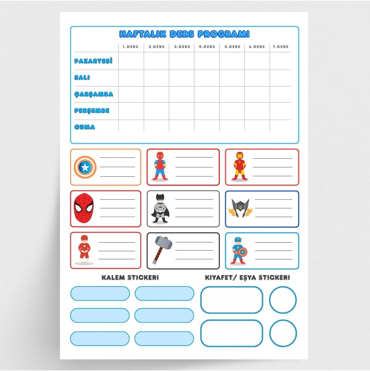Kahraman figürlü isimlik, ders programı, kalem ve eşya sticker seti, mavi 10 sayfa
